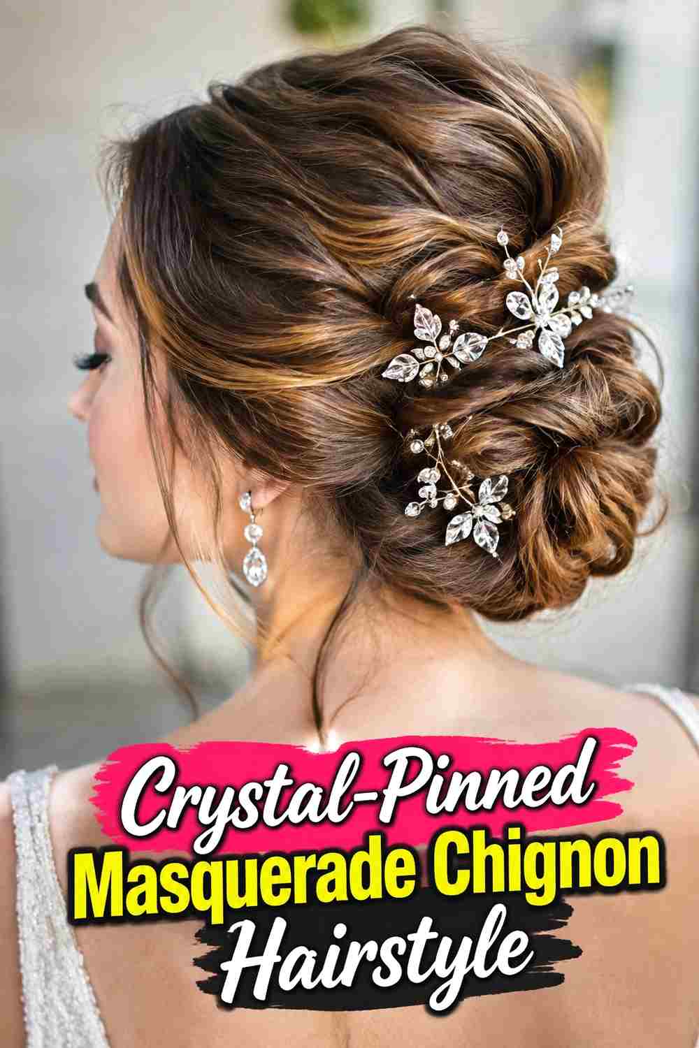 3. Crystal Pinned Masquerade Chignon Hairstyle