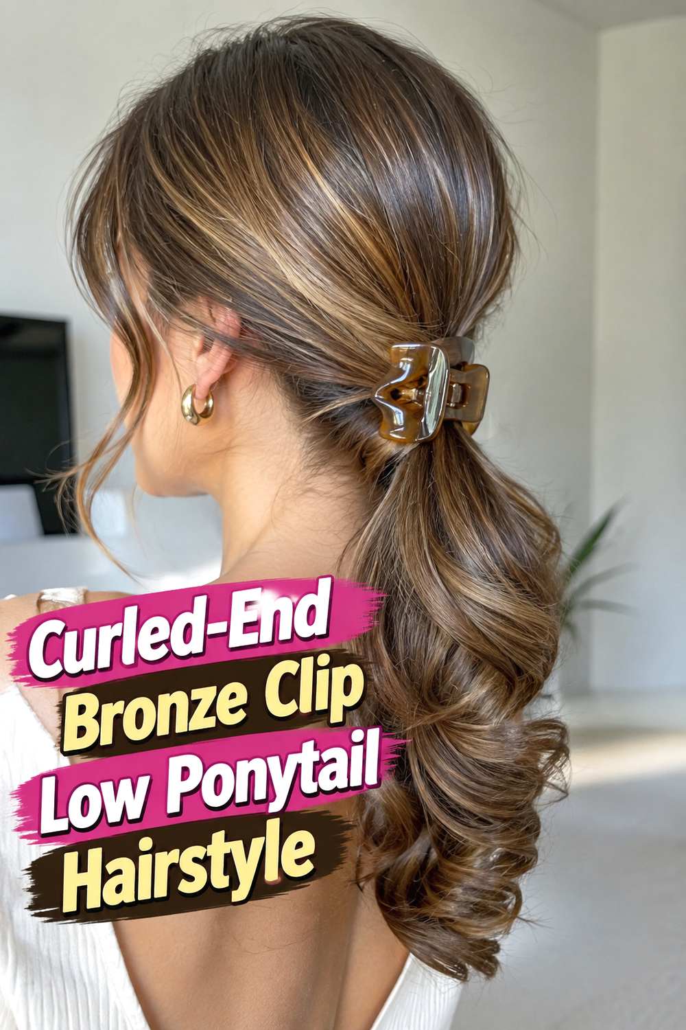 Curled-End Bronze Clip Low Ponytail Hairstyle