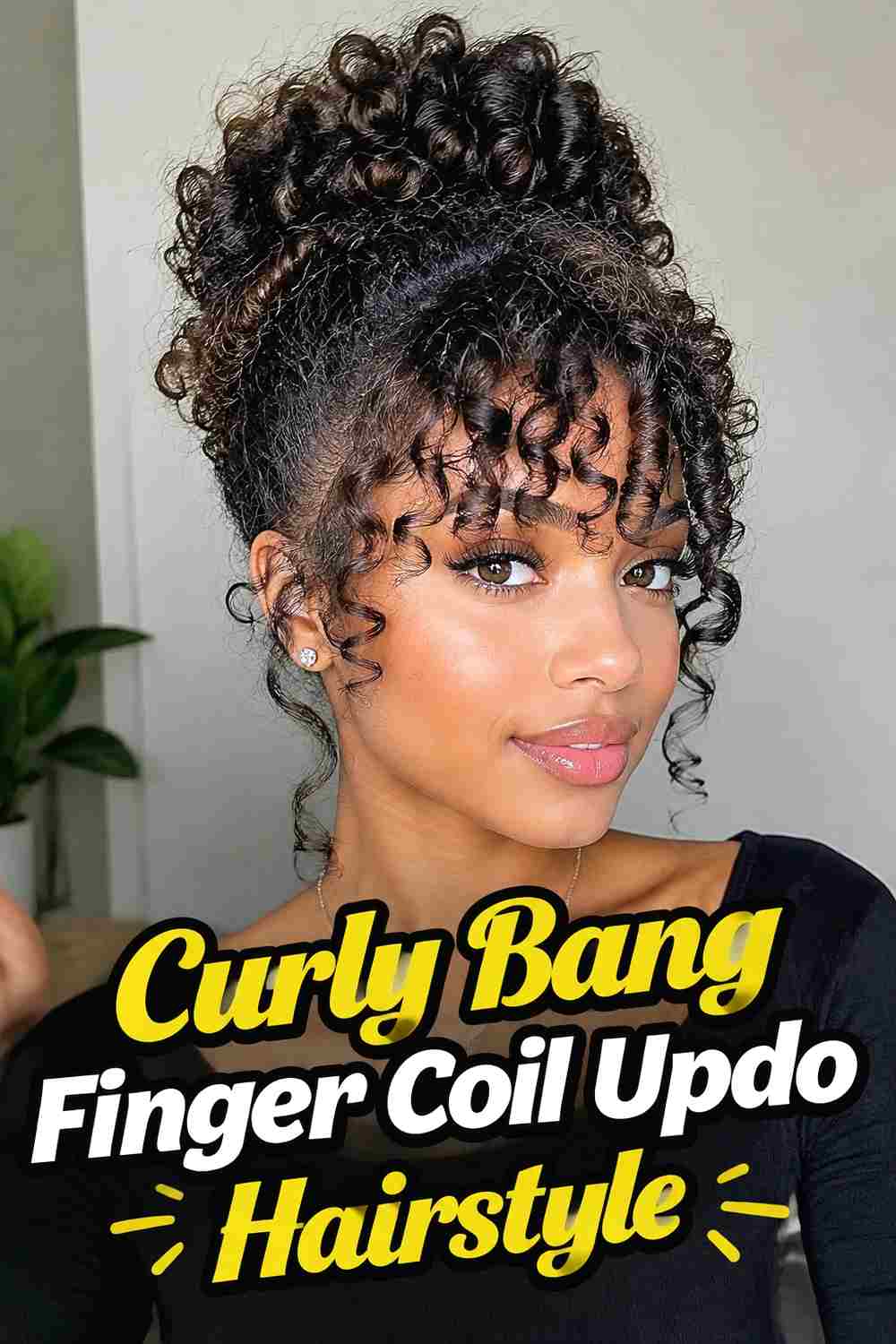11. Curly Bang Finger Coil Updo Hairstyle