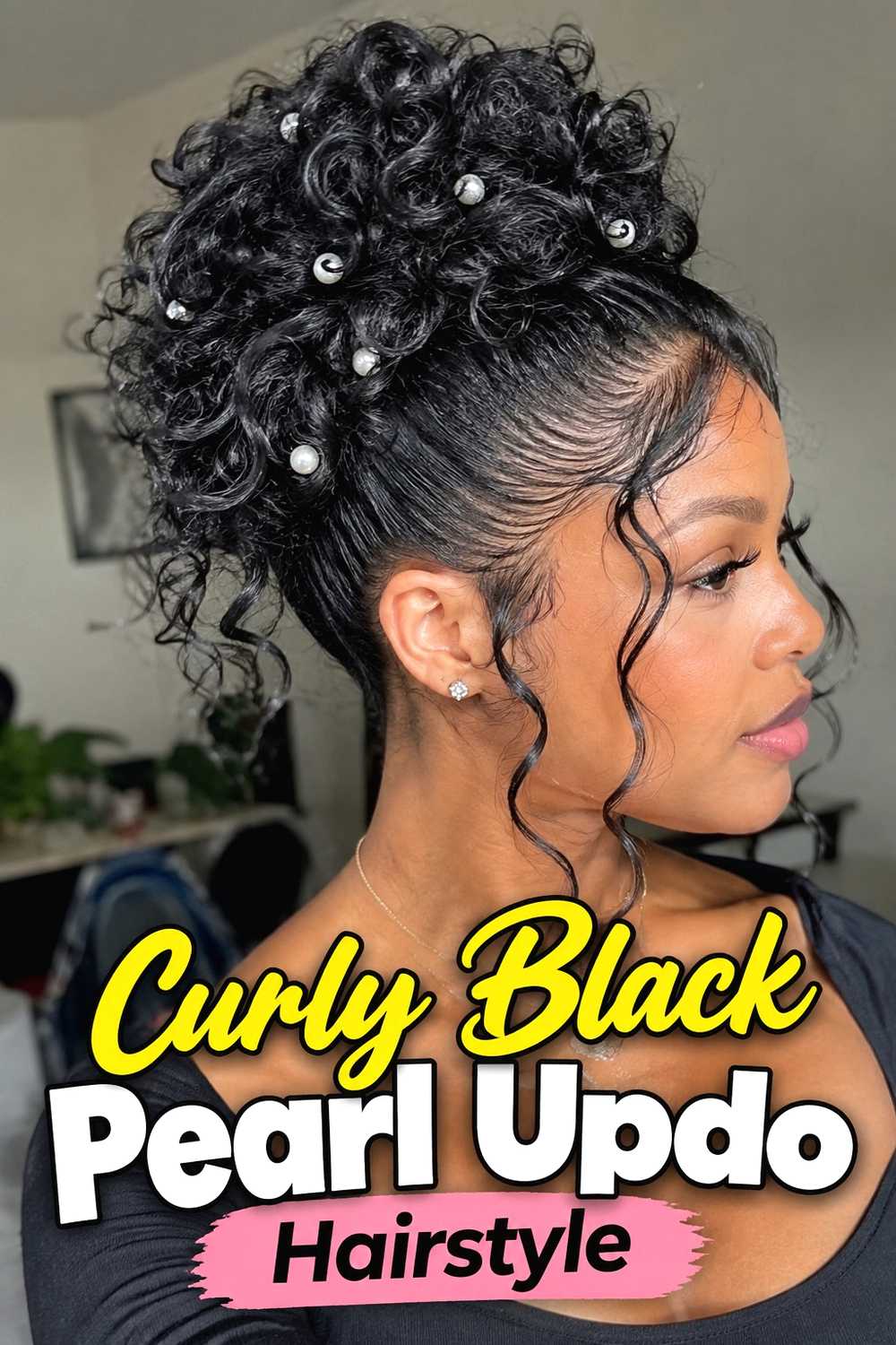 7. Curly Black Pearl Updo Hairstyle