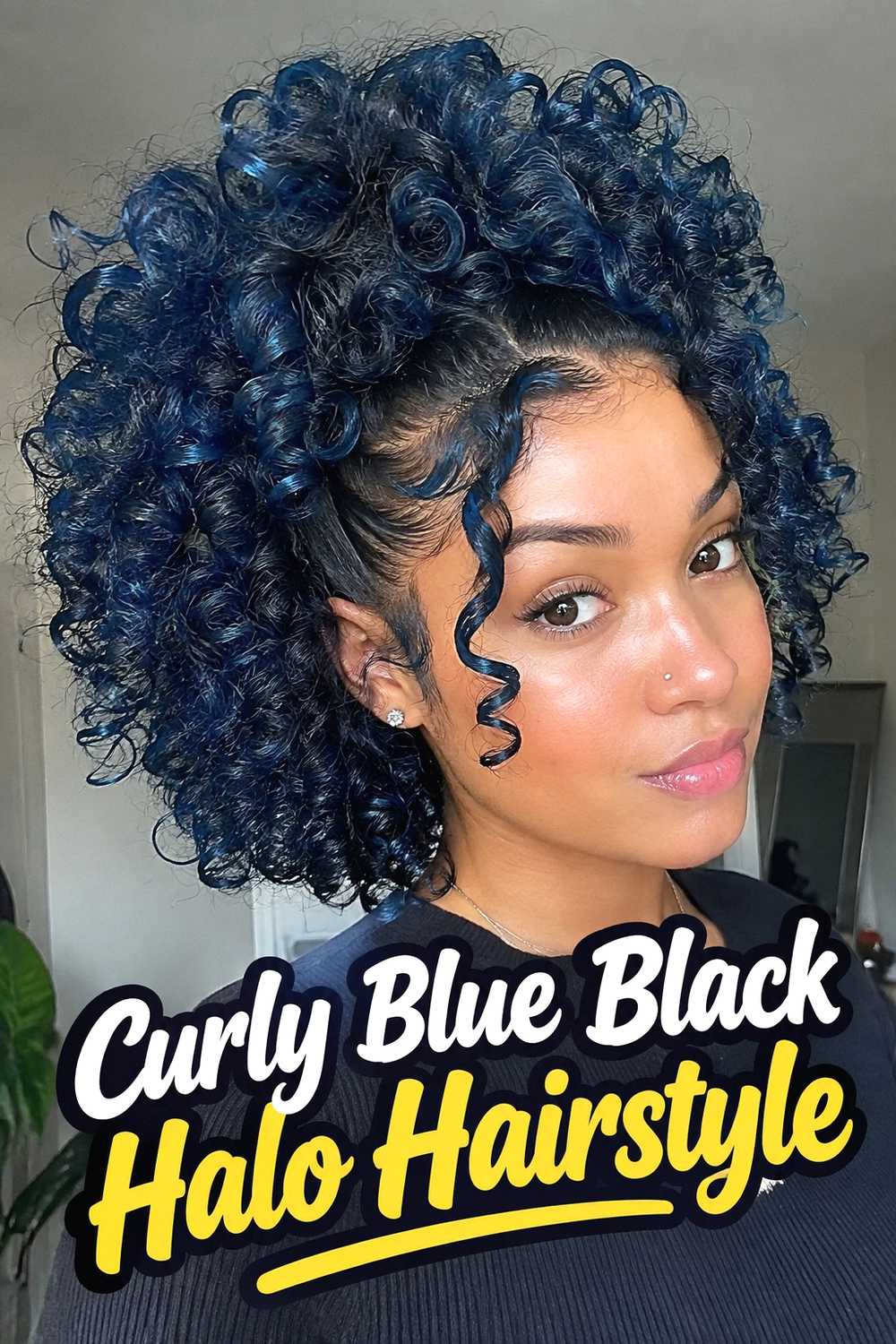 19. Curly Blue Black Halo Hairstyle