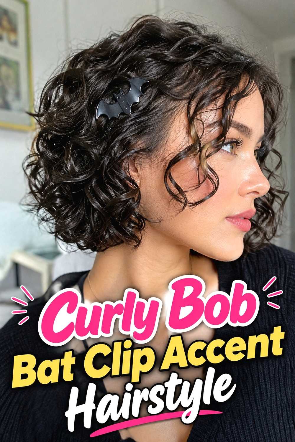 8. Curly Bob Bat Clip Accent Hairstyle