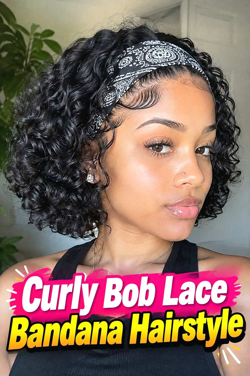 6. Curly Bob Lace Bandana Hairstyle
