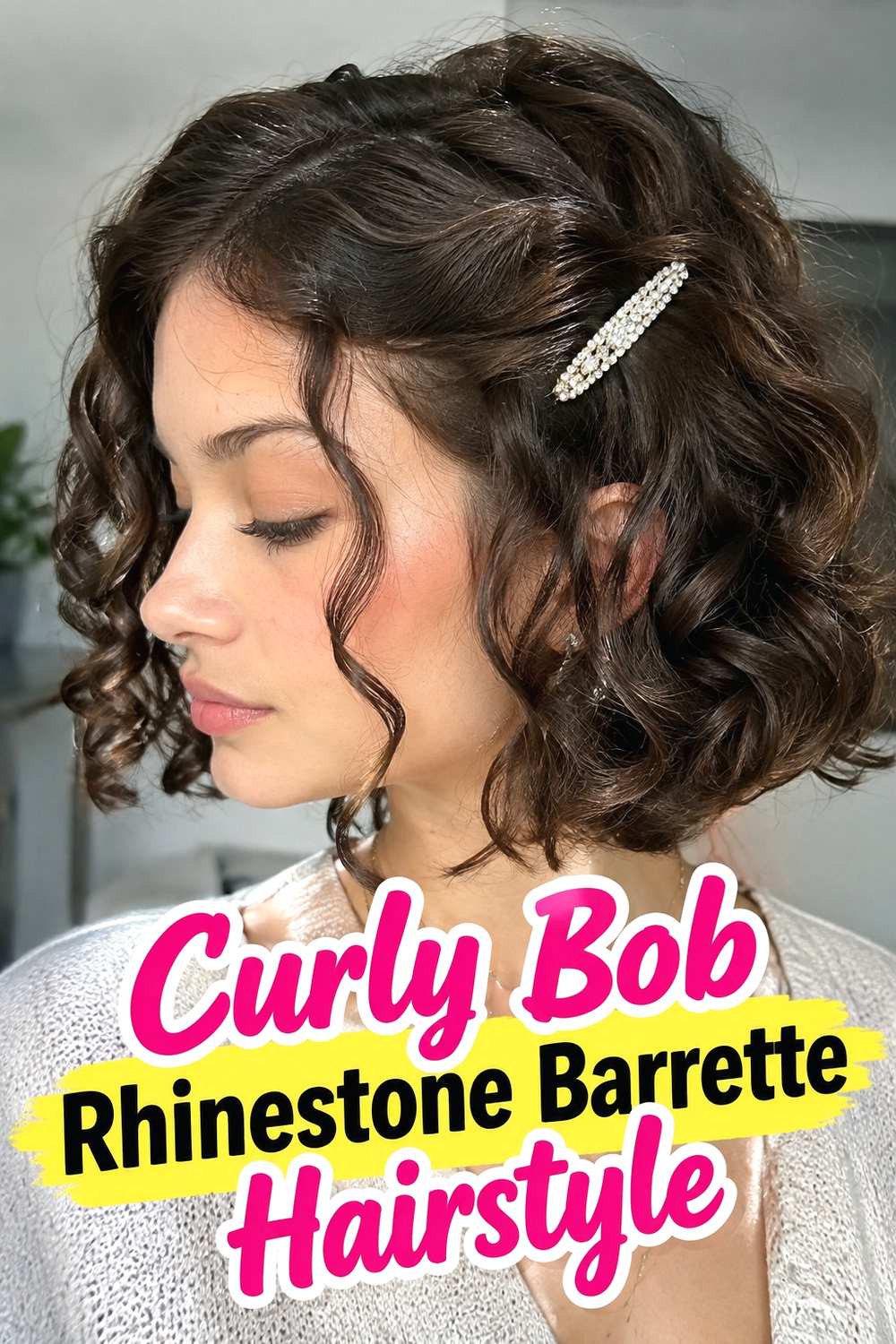 8. Curly Bob Rhinestone Barrette Hairstyle