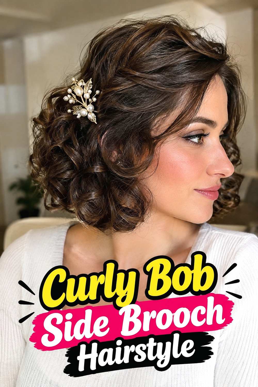 10. Curly Bob Side Brooch Hairstyle