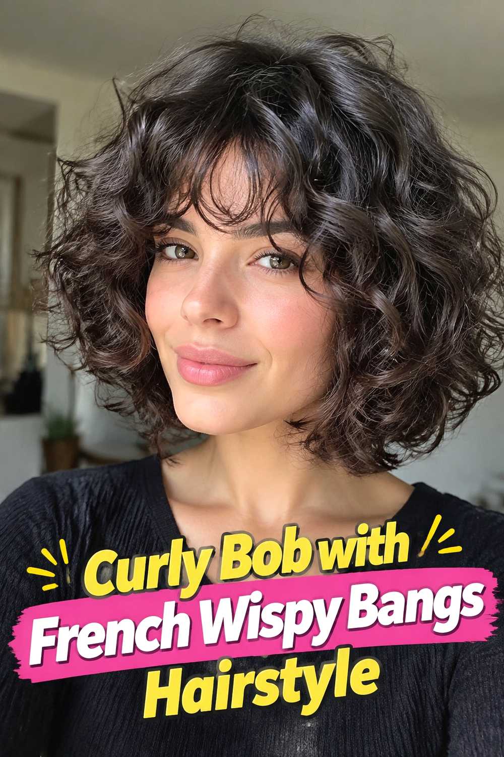 11. Curly Bob With French Wispy Bangs Hairstyle