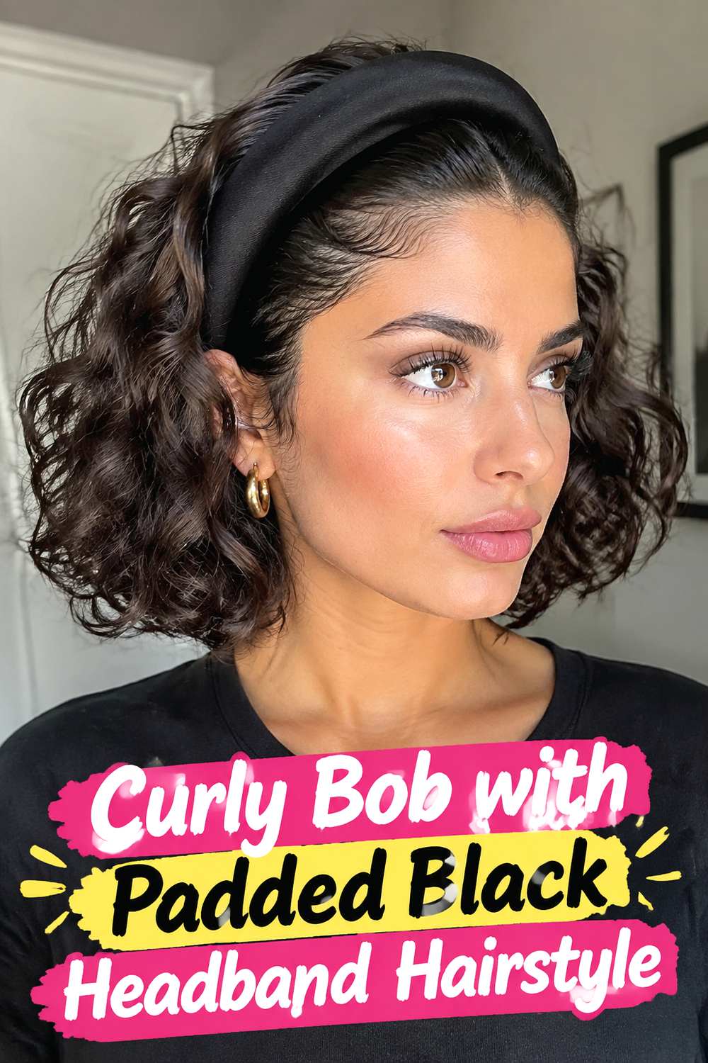 Curly Bob with Padded Black Headband Hairstyle