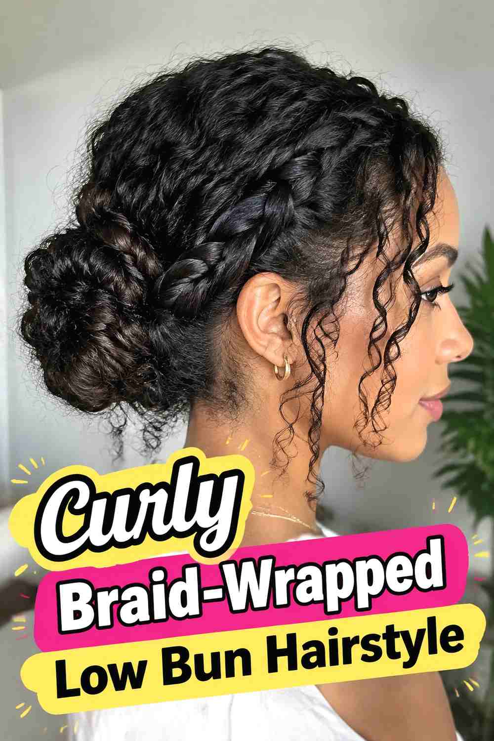 11. Curly Braid Wrapped Low Bun Hairstyle