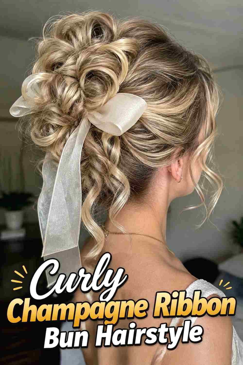 10. Curly Champagne Ribbon Bun Hairstyle