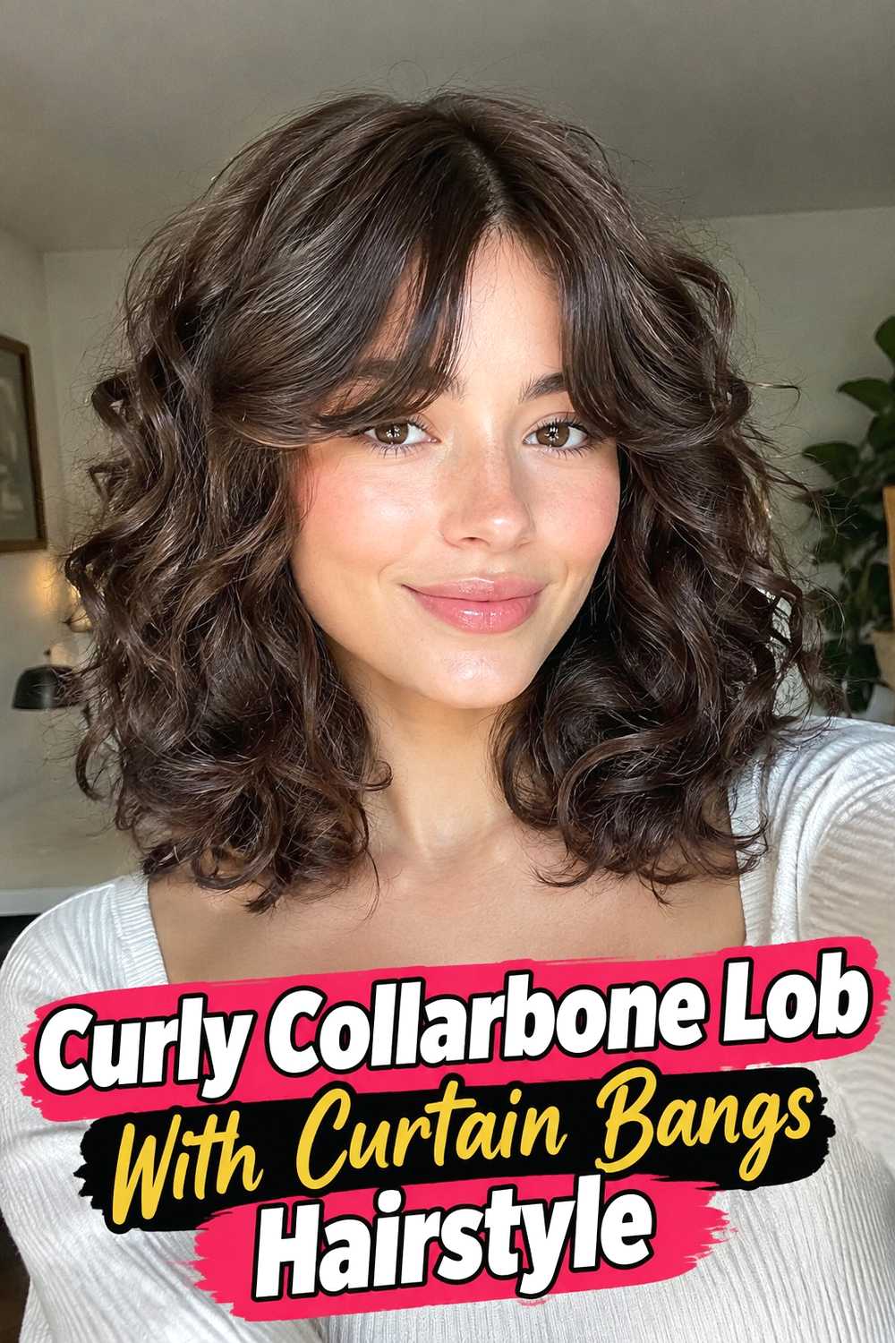 9. Curly Collarbone Lob With Curtain Bangs Hairstyle