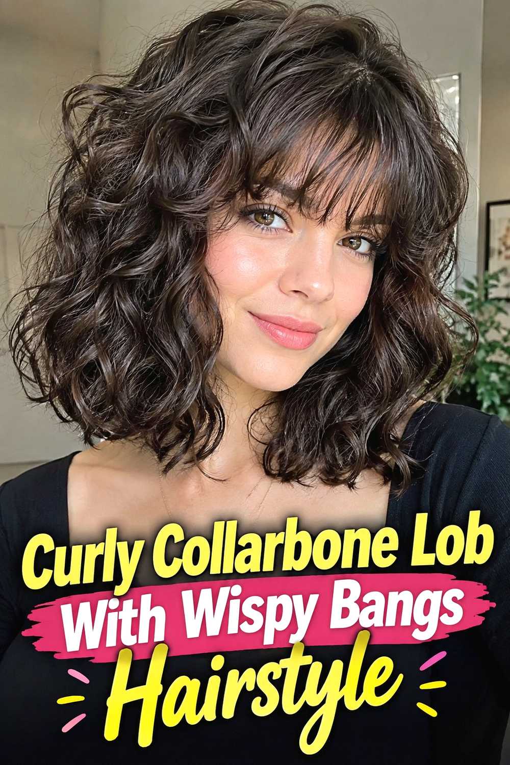 4. Curly Collarbone Lob With Wispy Bangs Hairstyle