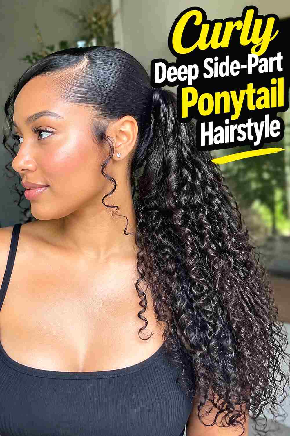 3. Curly Deep Side Part Ponytail Hairstyle