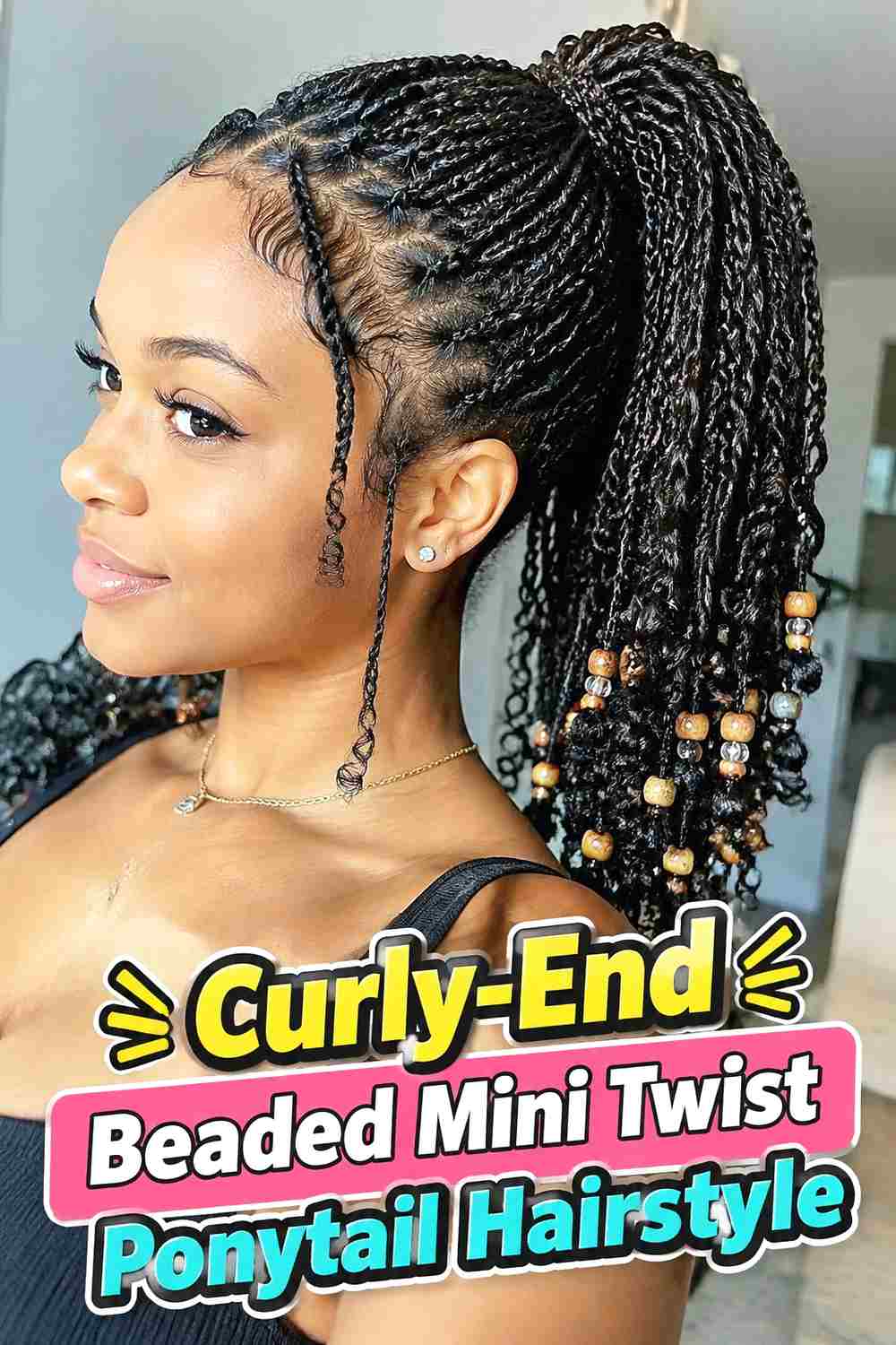 9. Curly End Beaded Mini Twist Ponytail Hairstyle
