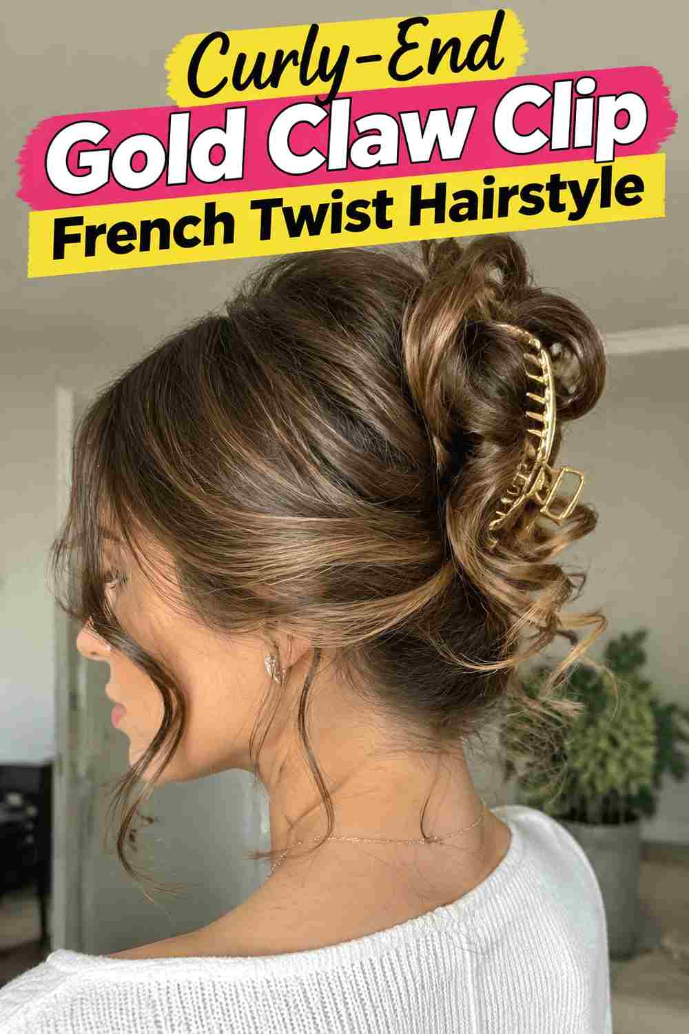 9. Curly End Gold Claw Clip French Twist Hairstyle