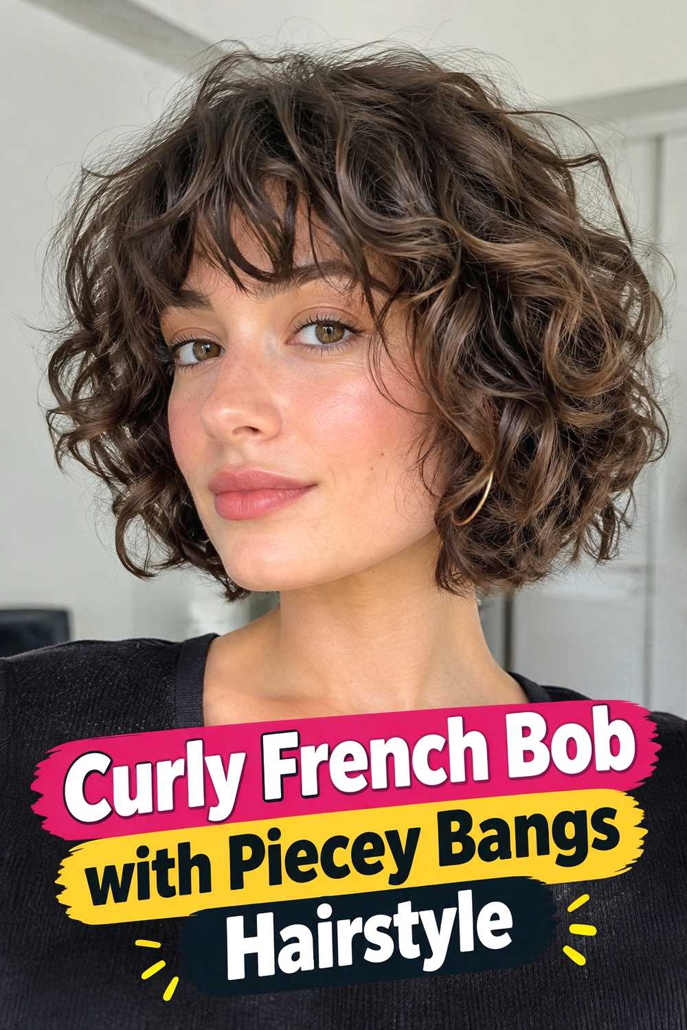 8. Curly French Bob With Piecey Bangs Hairstyle