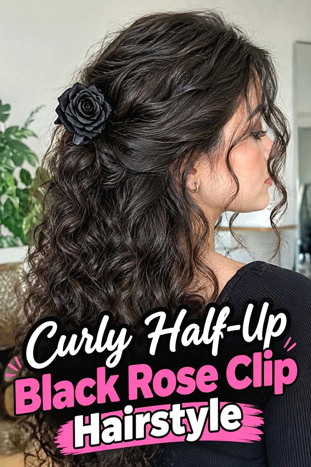 8. Curly Half Up Black Rose Clip Hairstyle