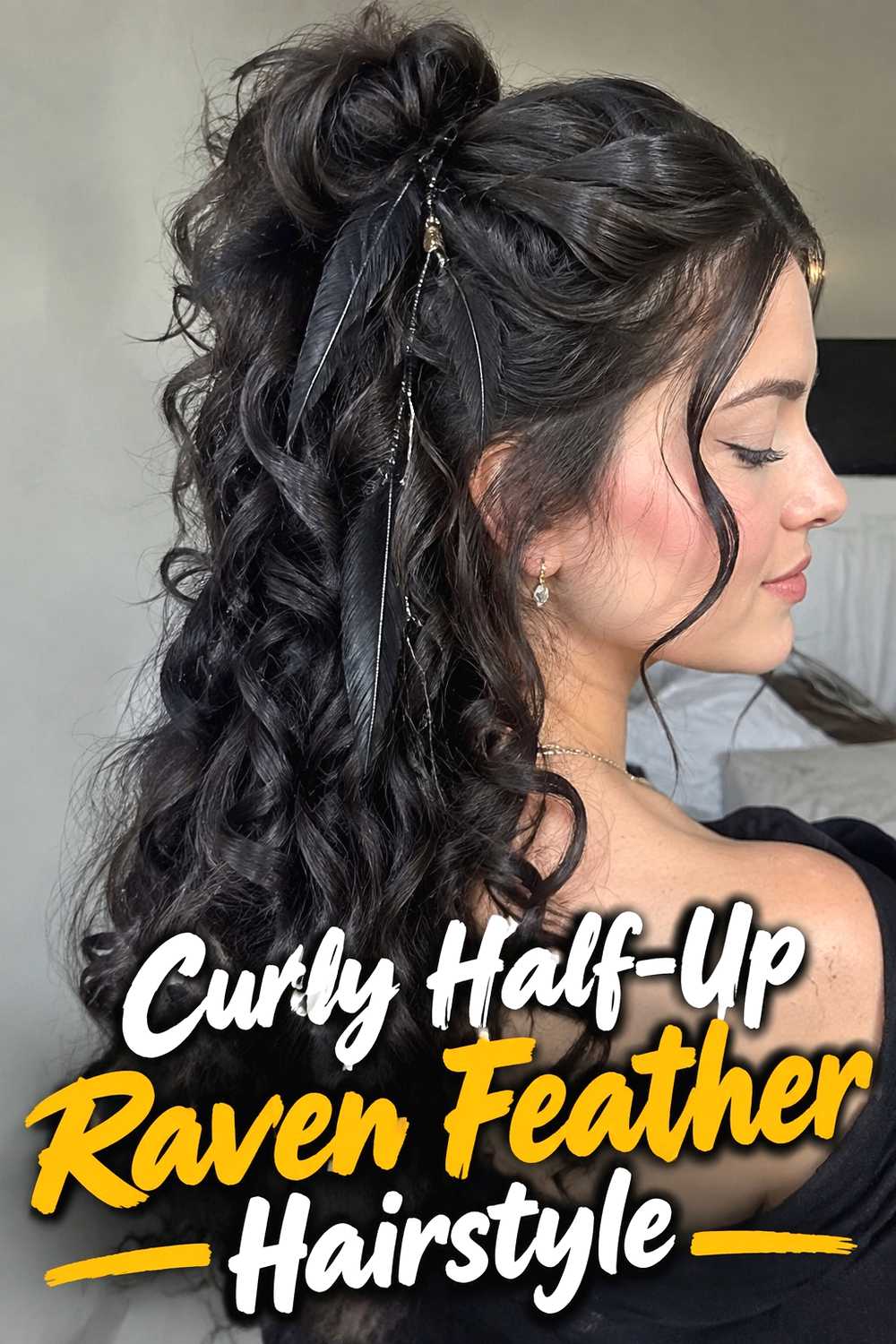 10. Curly Half Up Raven Feather Hairstyle