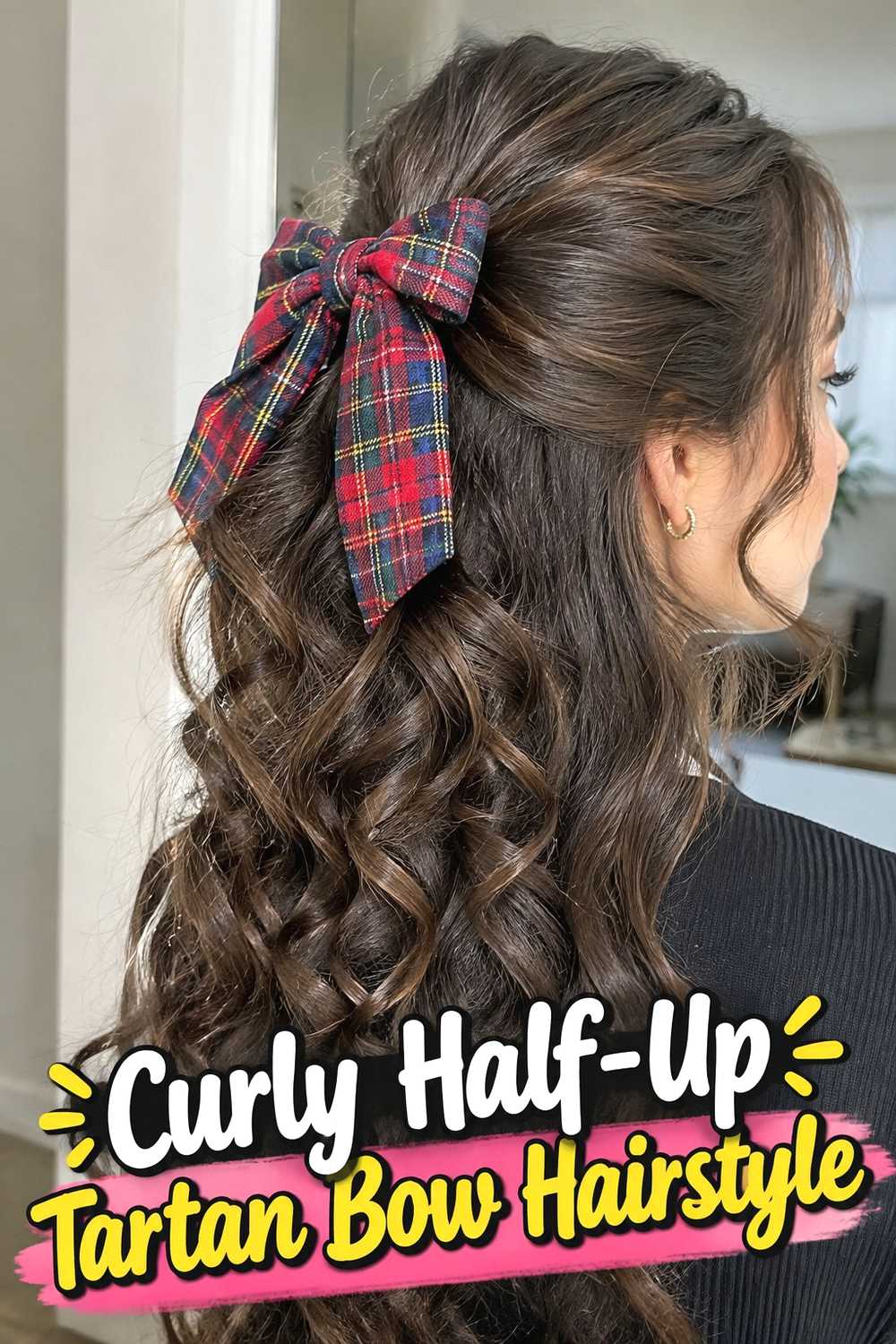 9. Curly Half Up Tartan Bow Hairstyle