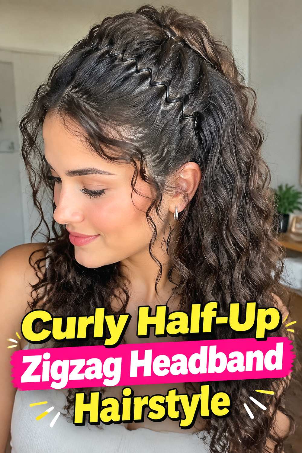 Curly Half-Up Zigzag Headband Hairstyle