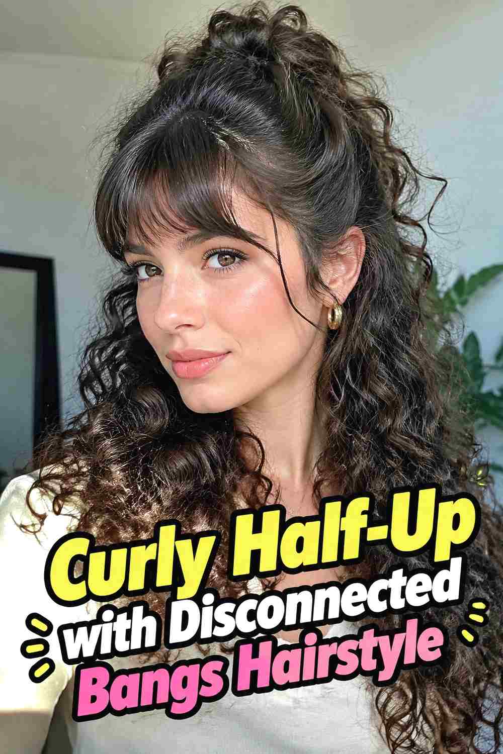 10. Curly Half Up With Disconnected Bangs Hairstyle