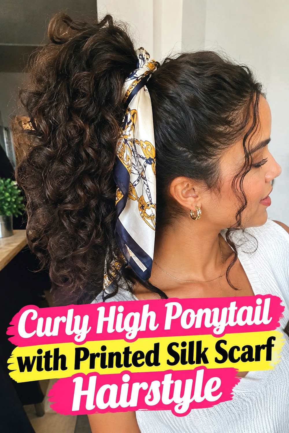 4. Curly High Ponytail With Printed Silk Scarf Hairstyle