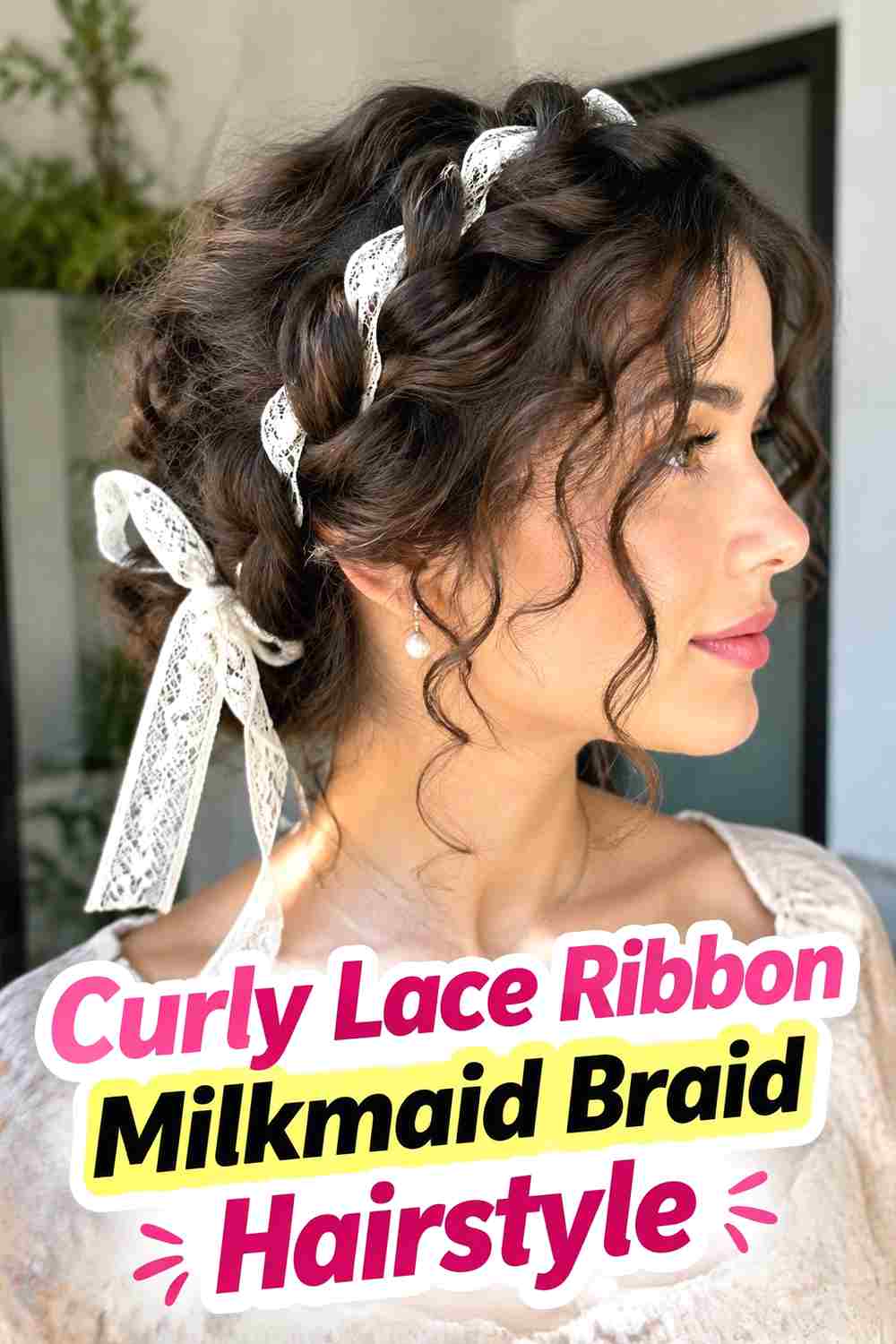 7. Curly Lace Ribbon Milkmaid Braid Hairstyle