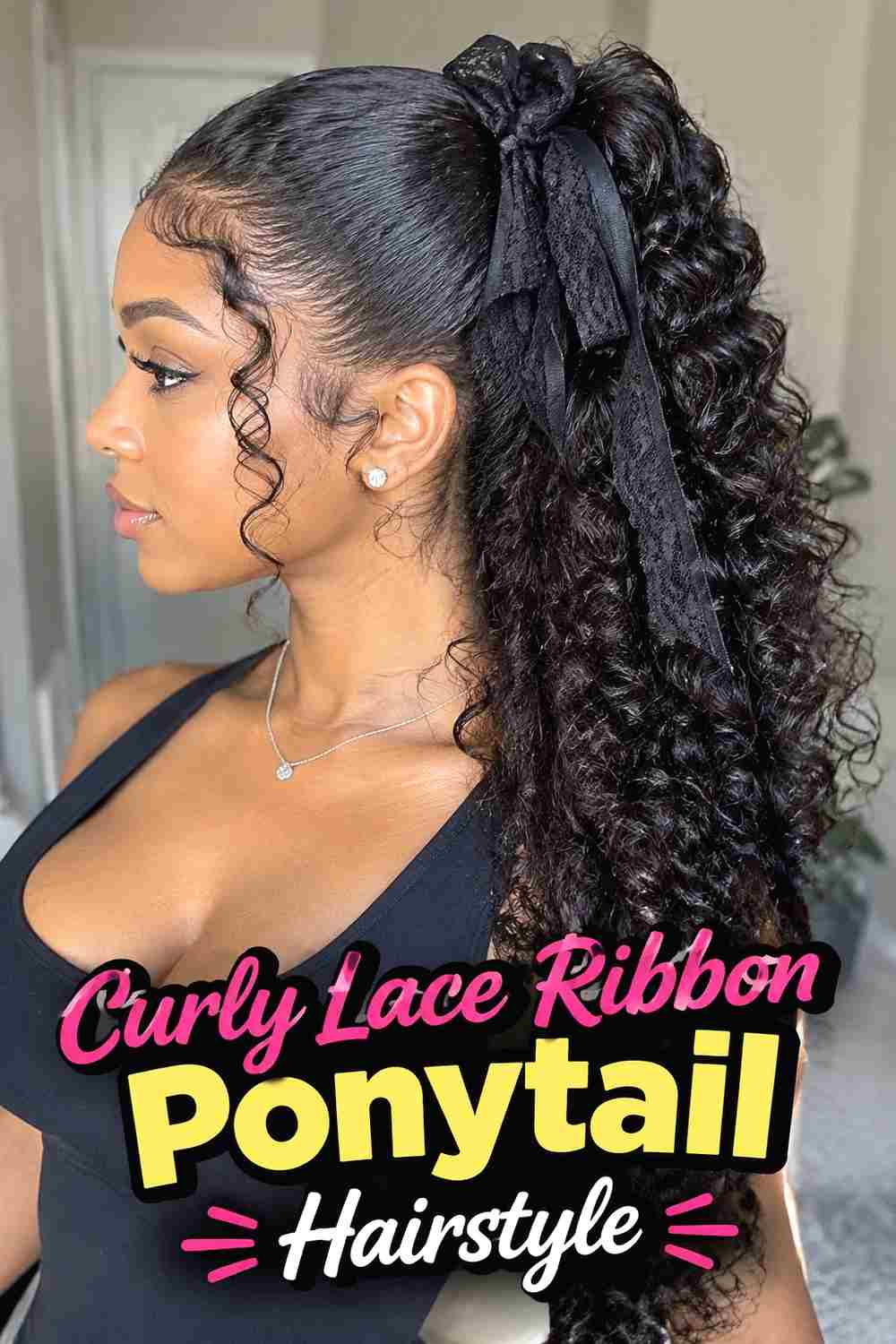 8. Curly Lace Ribbon Ponytail Hairstyle