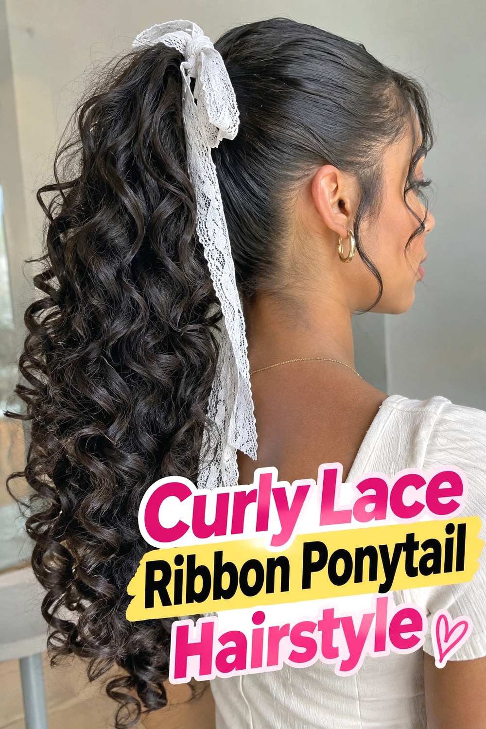 9. Curly Lace Ribbon Ponytail Hairstyle