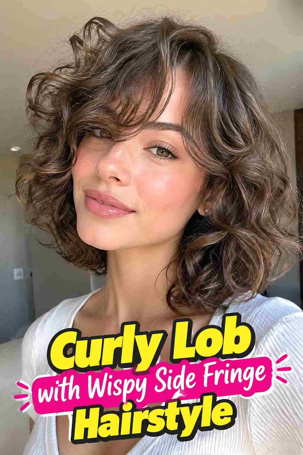 4. Curly Lob With Wispy Side Fringe Hairstyle