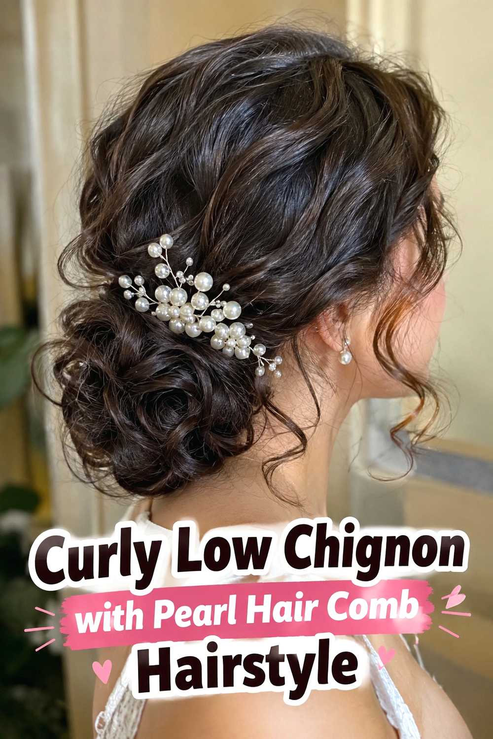 12. Curly Low Chignon With Pearl Hair Comb Hairstyle