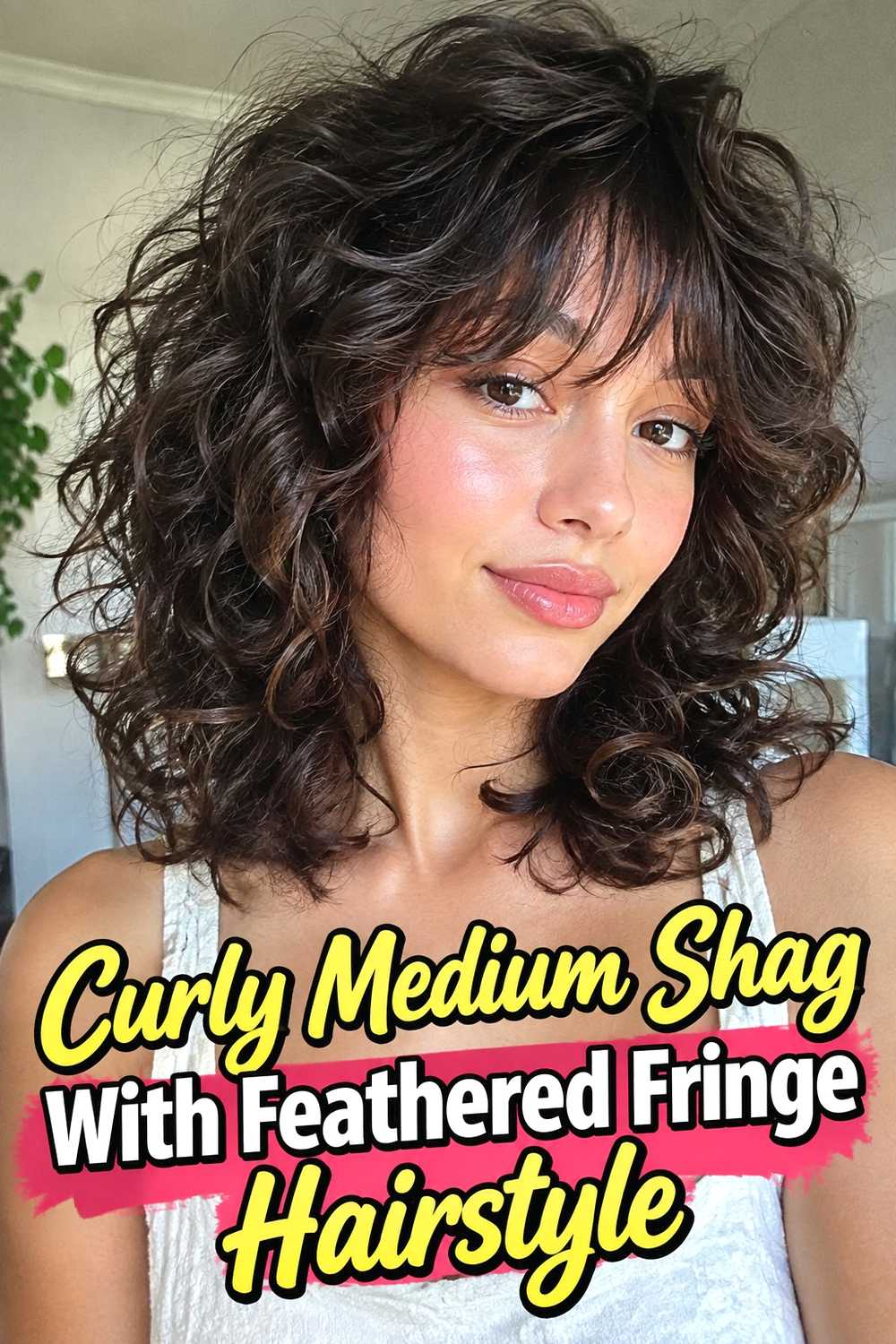 8. Curly Medium Shag With Feathered Fringe Hairstyle