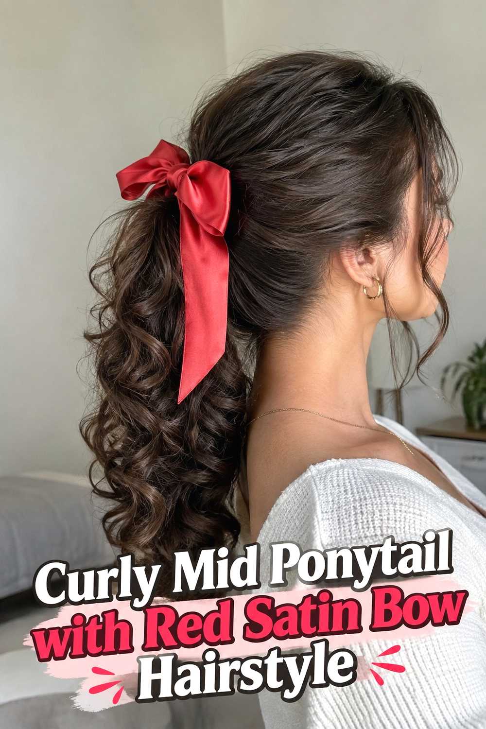 3. Curly Mid Ponytail With Red Satin Bow Hairstyle
