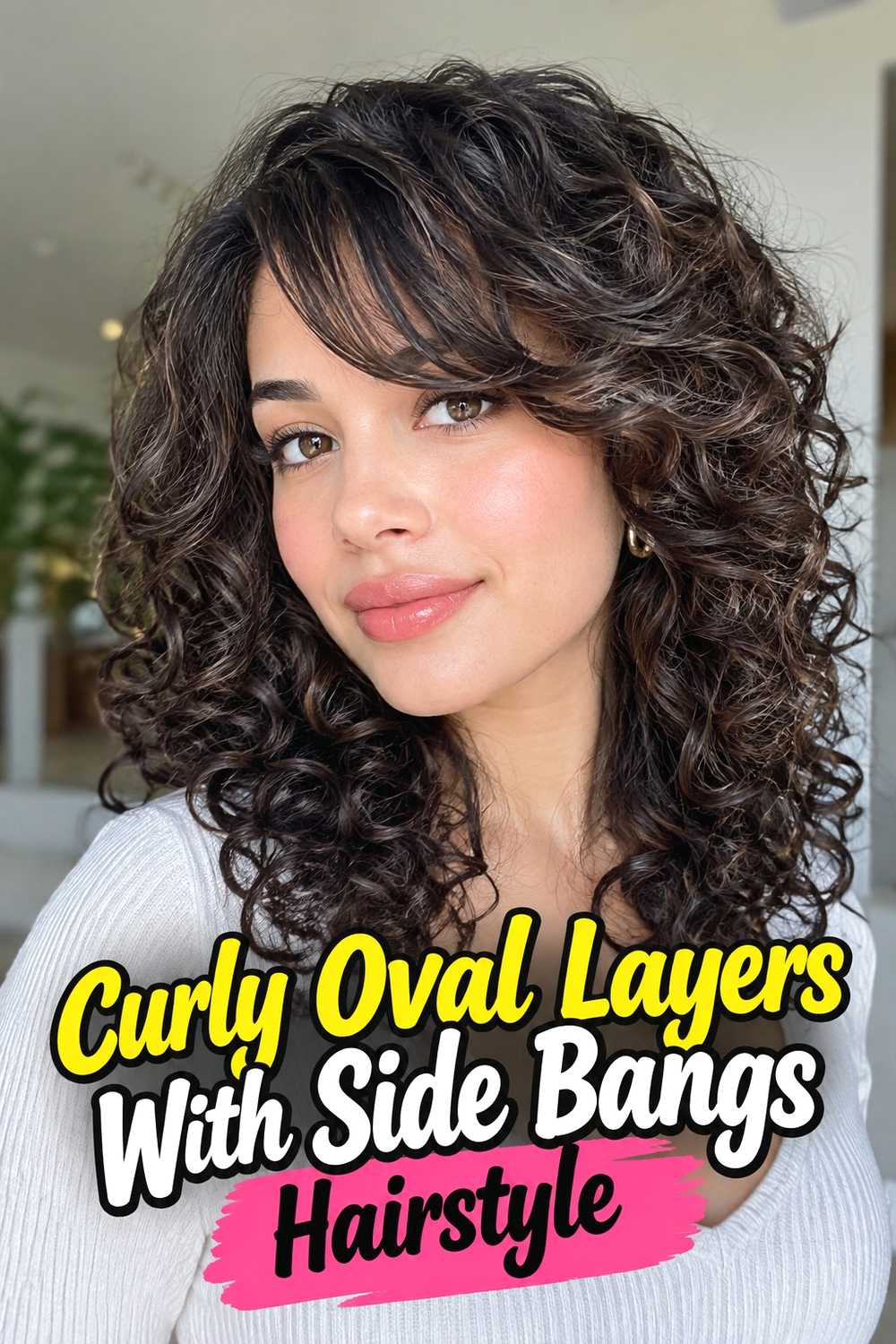 8. Curly Oval Layers With Side Bangs Hairstyle