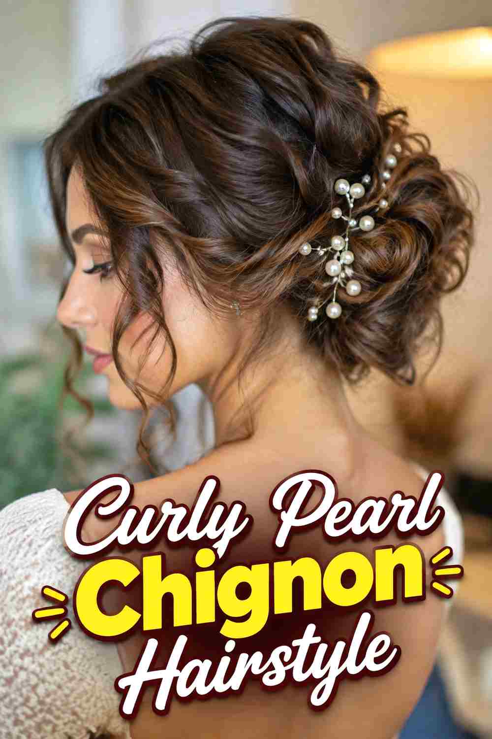 8. Curly Pearl Chignon Hairstyle