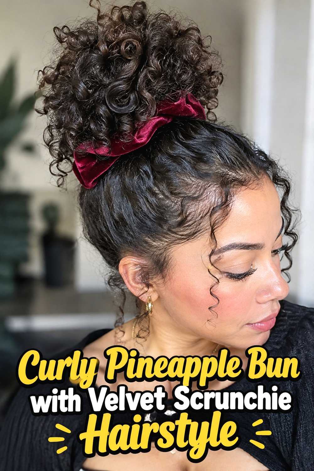 6. Curly Pineapple Bun With Velvet Scrunchie Hairstyle