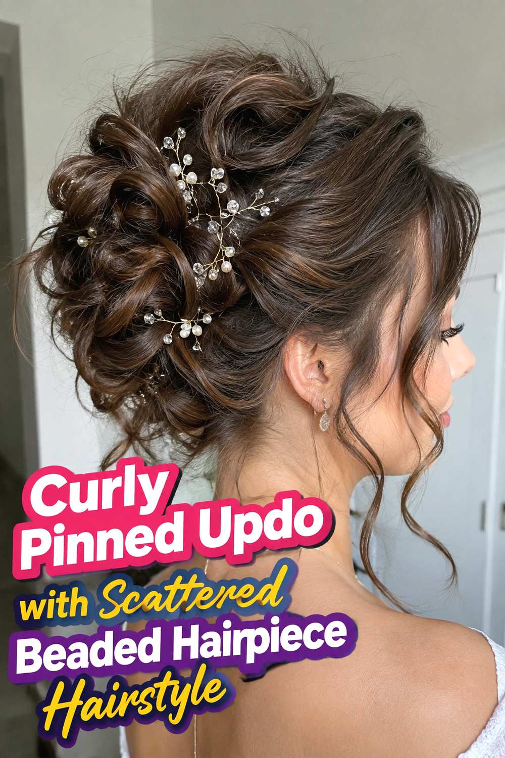 Curly Pinned Updo with Scattered Beaded Hairpiece Hairstyle