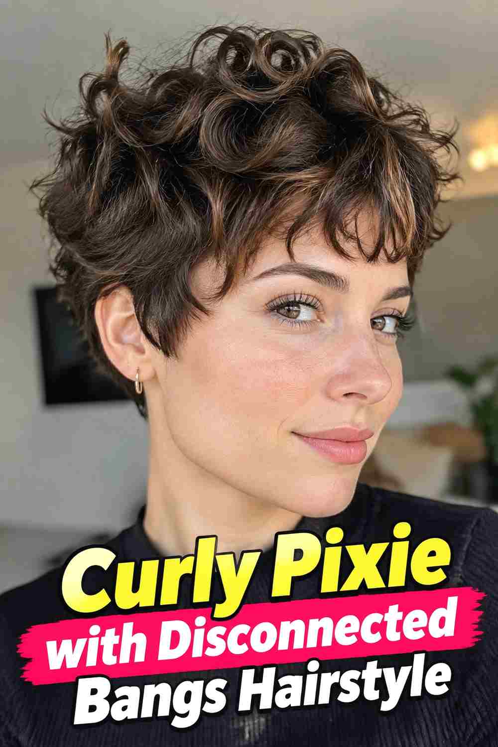 6. Curly Pixie With Disconnected Bangs Hairstyle