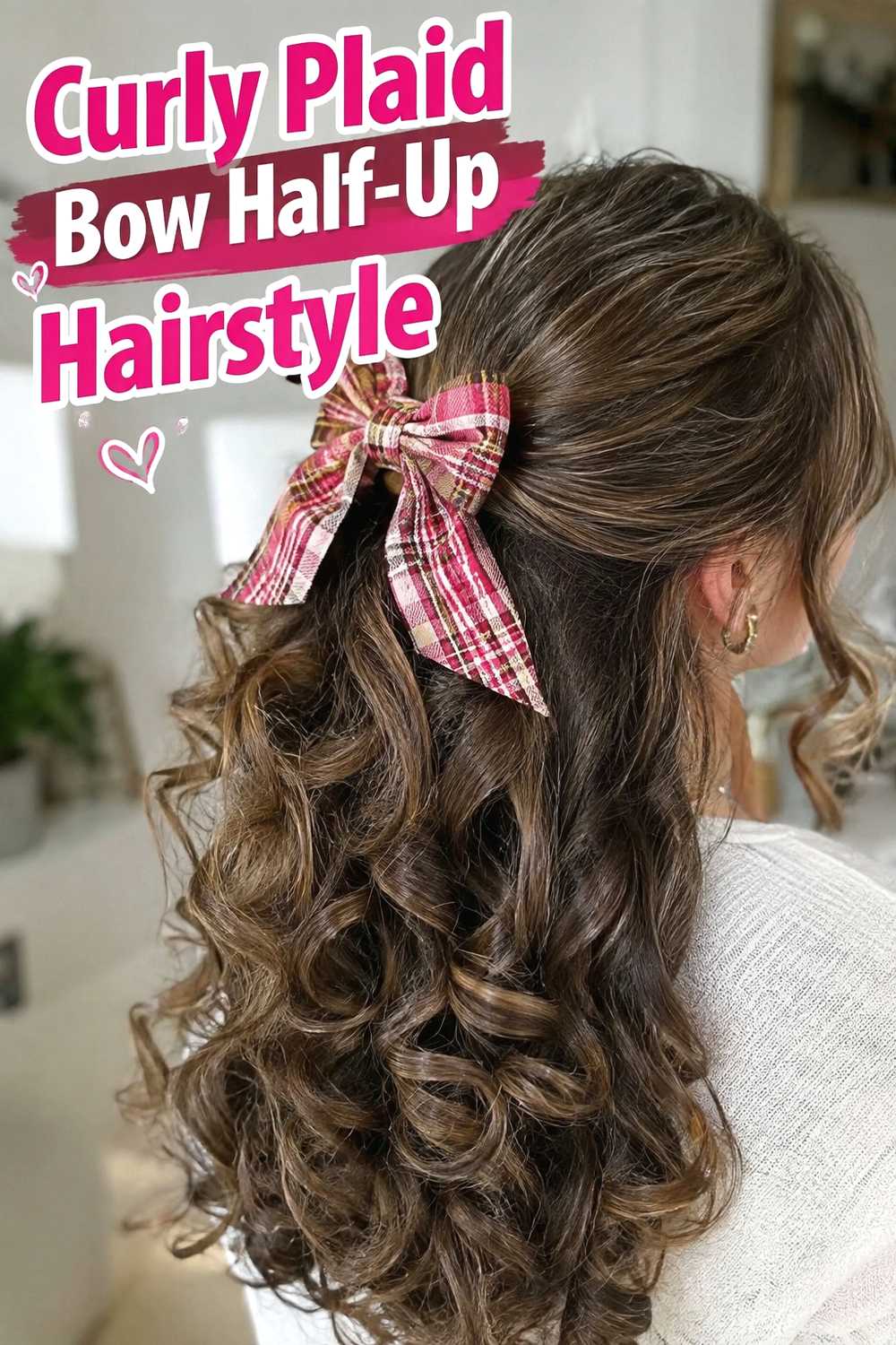5. Curly Plaid Bow Half Up Hairstyle