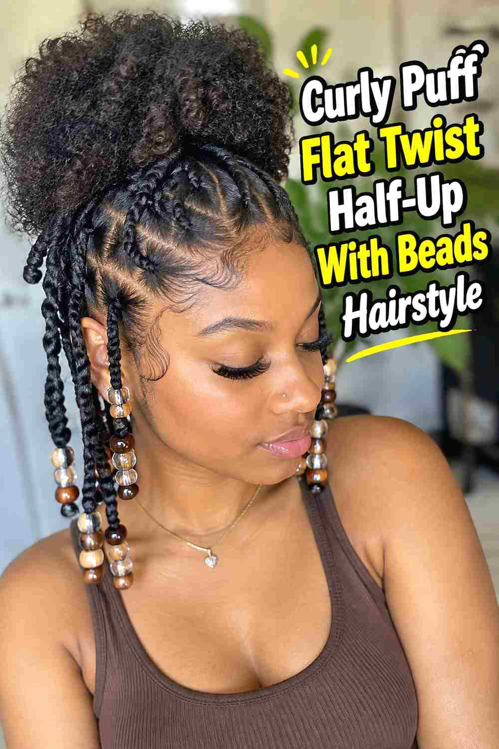 4. Curly Puff Flat Twist Half Up With Beads Hairstyle