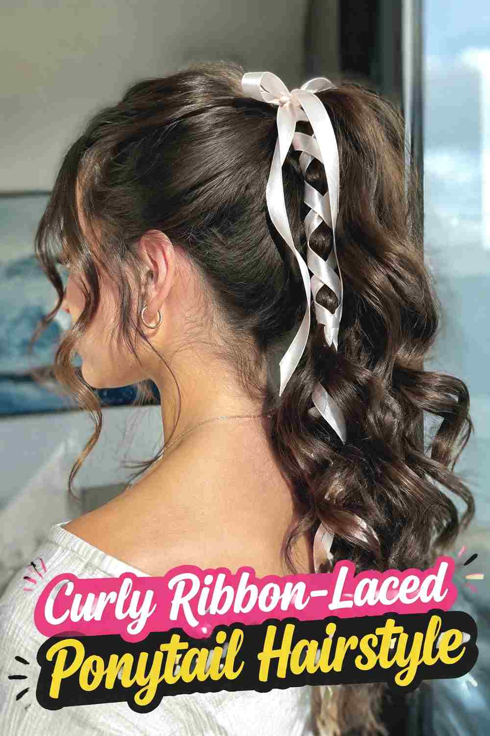 10. Curly Ribbon Laced Ponytail Hairstyle