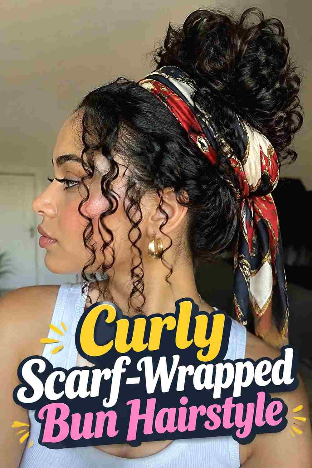 4. Curly Scarf Wrapped Bun Hairstyle