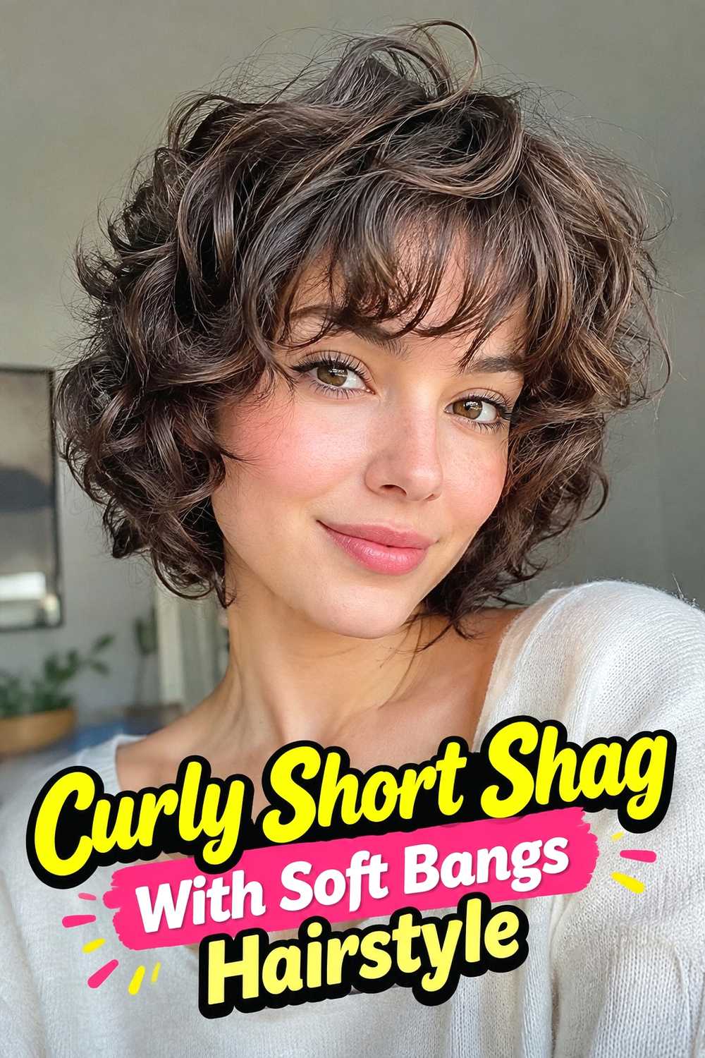 3. Curly Short Shag With Soft Bangs Hairstyle