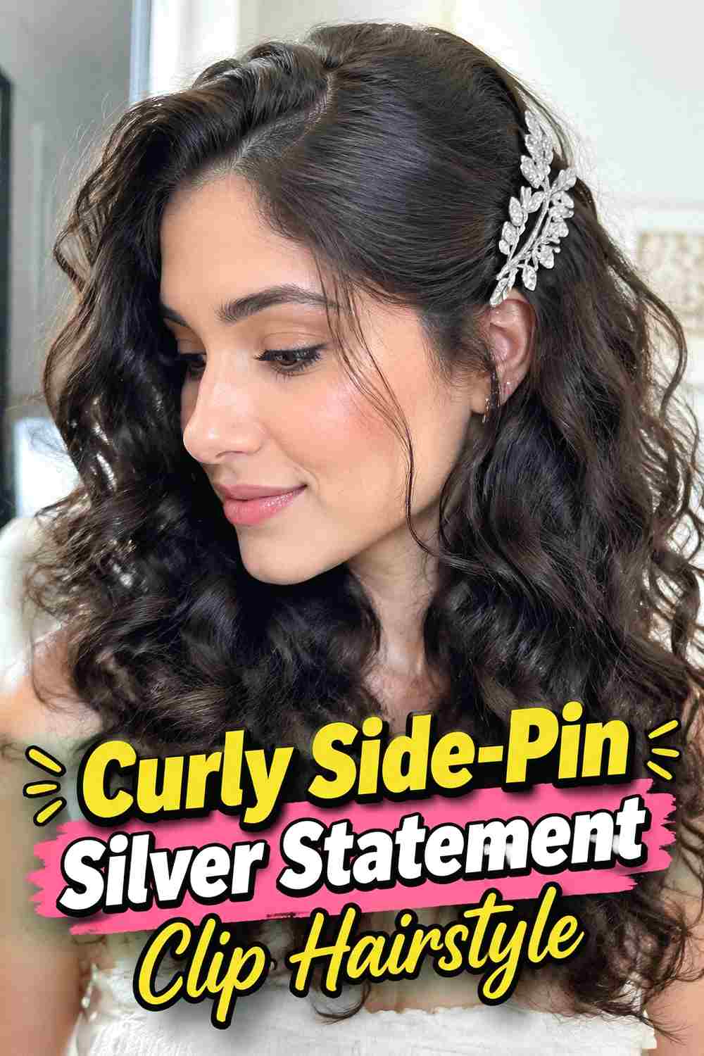 9. Curly Side Pin Silver Statement Clip Hairstyle