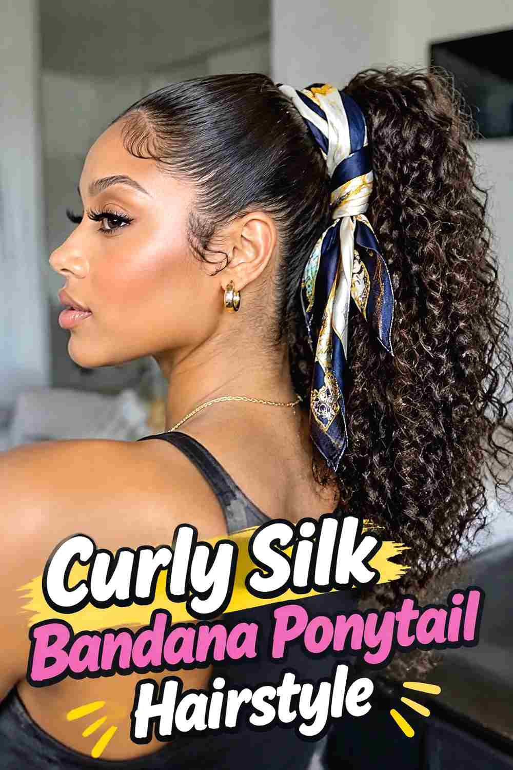 3. Curly Silk Bandana Ponytail Hairstyle