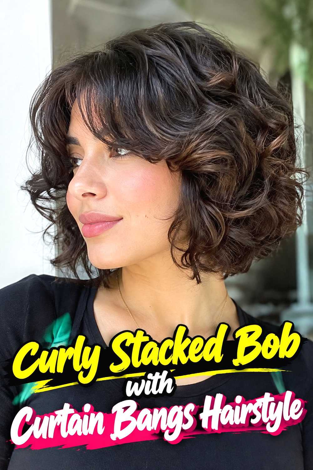 5. Curly Stacked Bob With Curtain Bangs Hairstyle