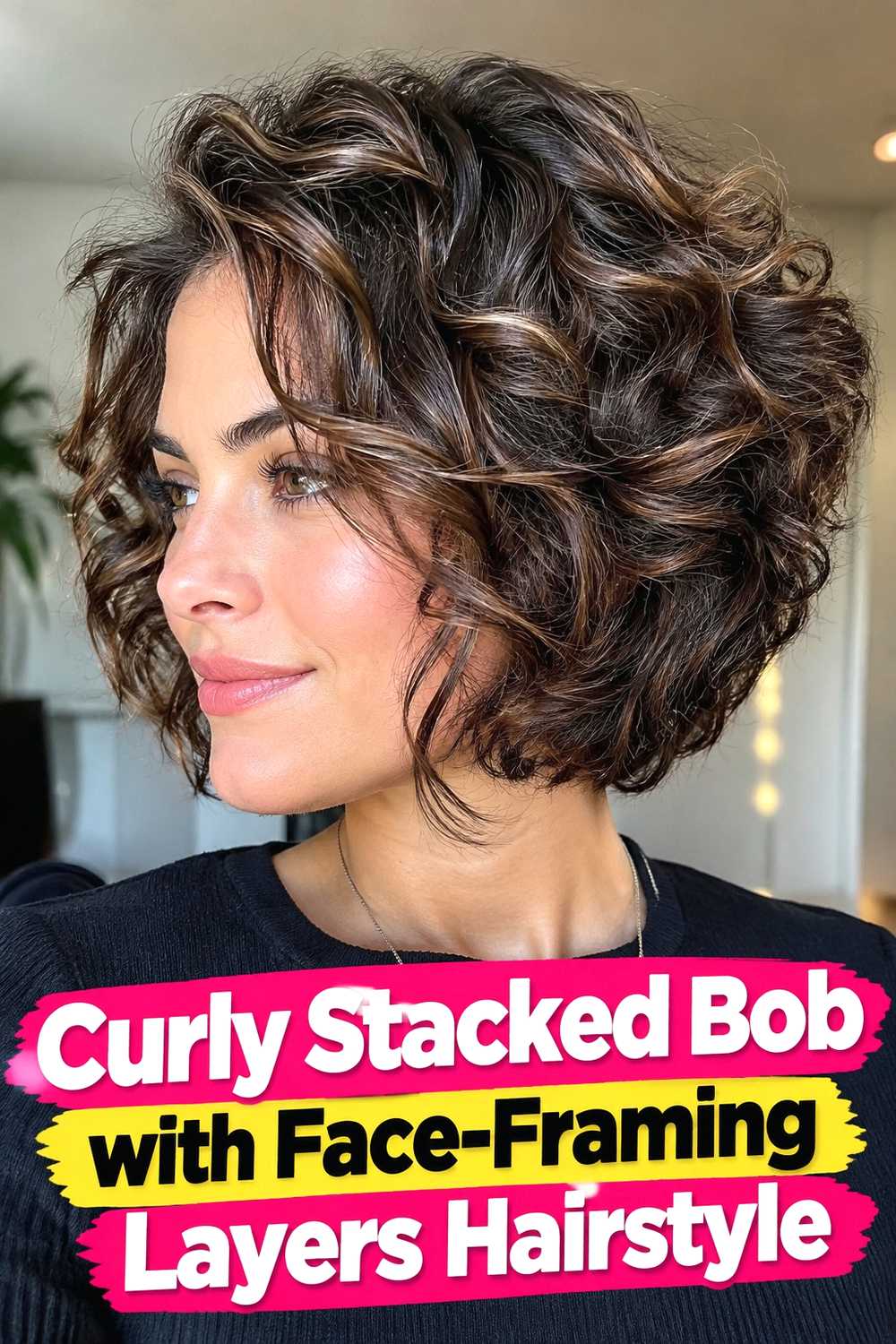 13. Curly Stacked Bob With Face Framing Layers Hairstyle