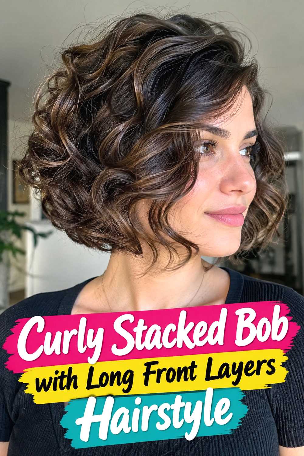10. Curly Stacked Bob With Long Front Layers Hairstyle
