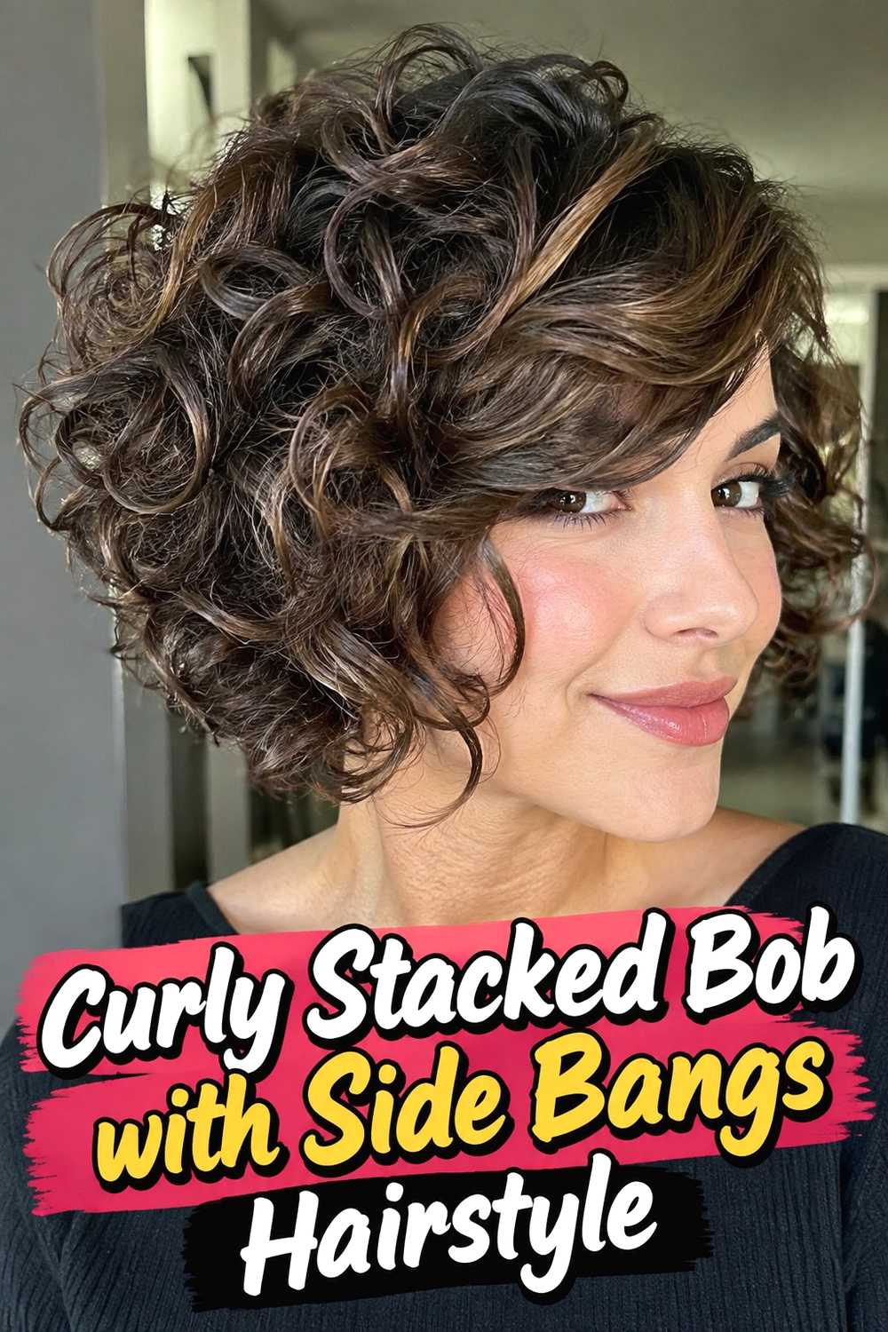 4. Curly Stacked Bob With Side Bangs Hairstyle