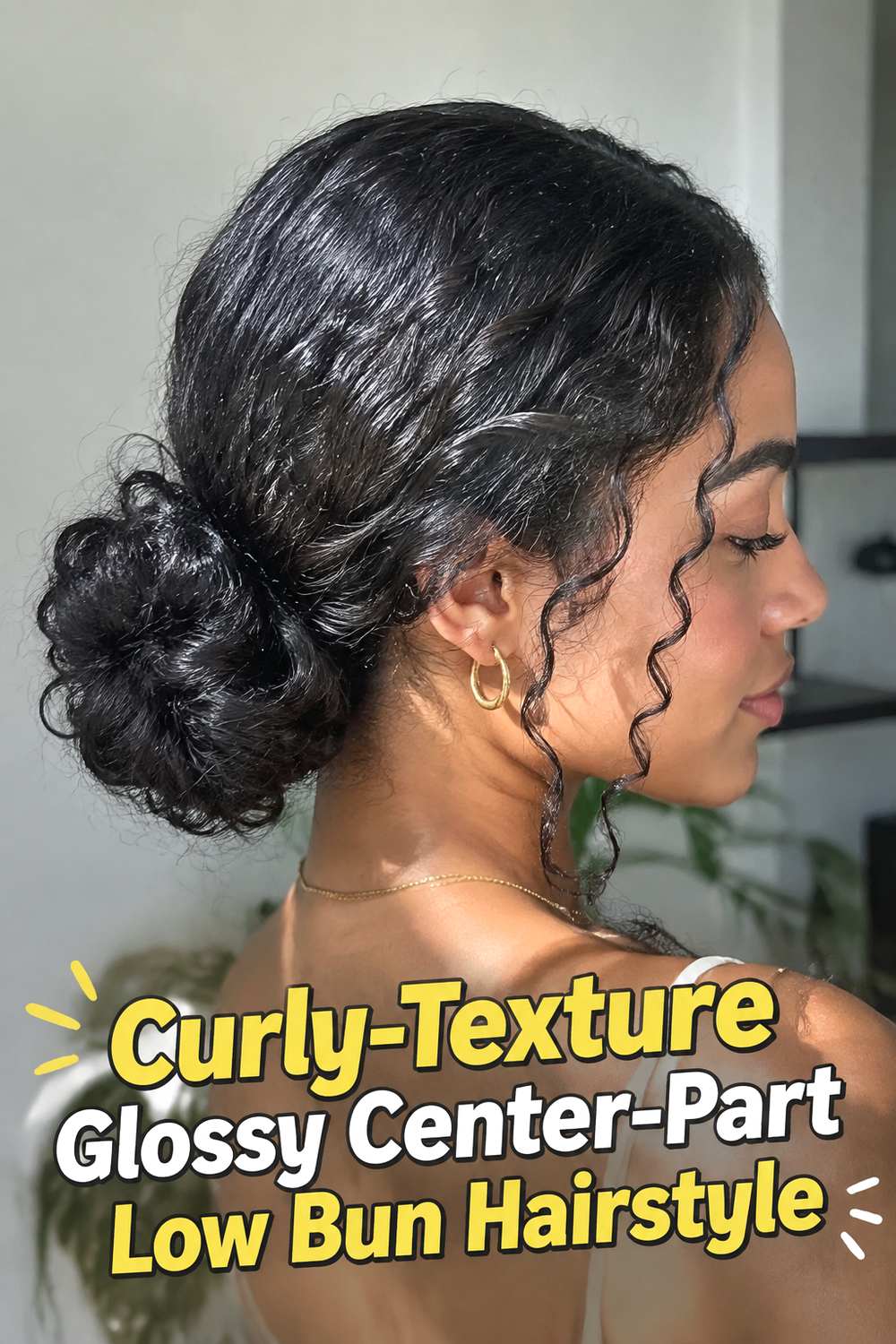 Curly-Texture Glossy Center-Part Low Bun Hairstyle