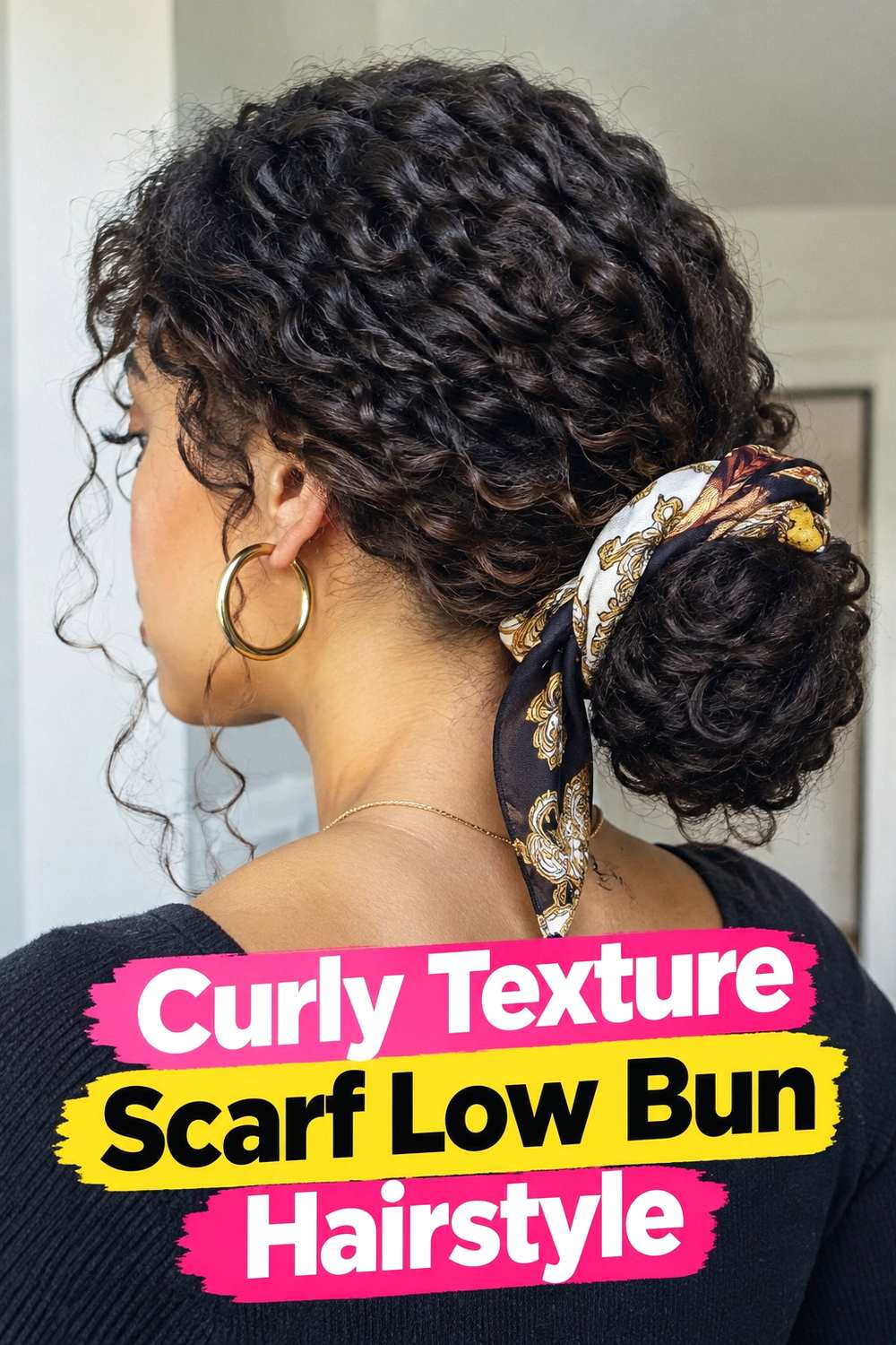 14. Curly Texture Scarf Low Bun Hairstyle